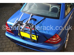 aerial view of a blue mercedes slk R170 with a bike rack fitted 
